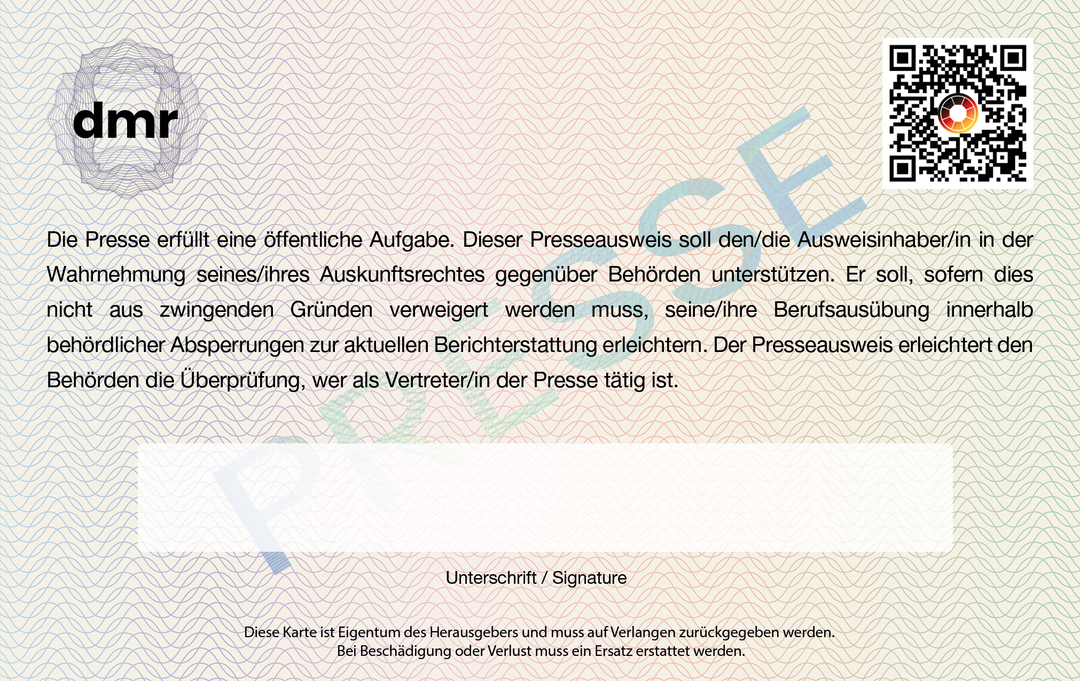 Klassischer Presseausweis DMR 2027 inkl. Hologramm